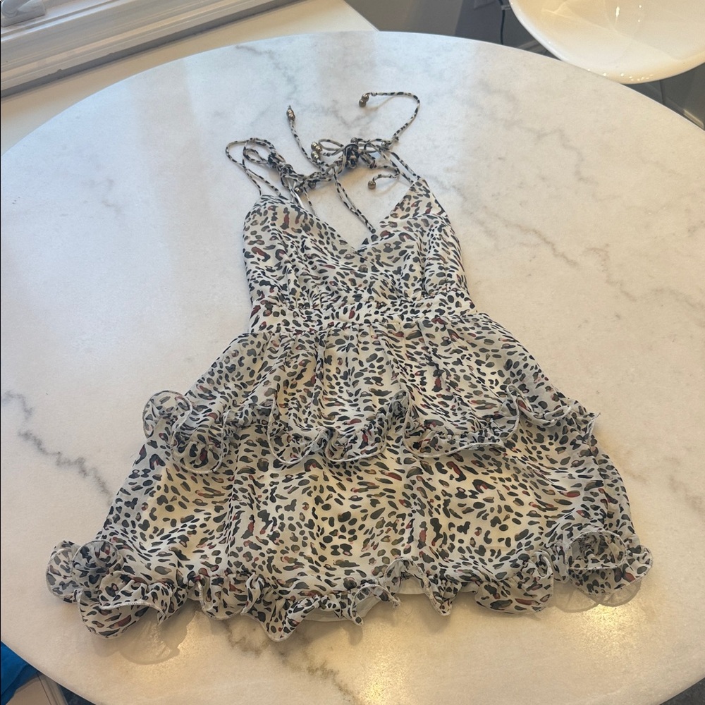 Ruffle Tiered Mini Dress in Cream Leopard open lace up back